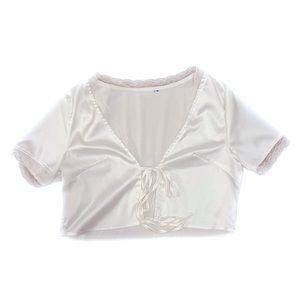 SHEIN Lace Trim Tie Satin Top, Size S, White
